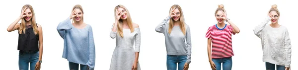 Collage Van Jonge Mooie Blonde Vrouw Geïsoleerde Achtergrond Doen Gebaar — Stockfoto