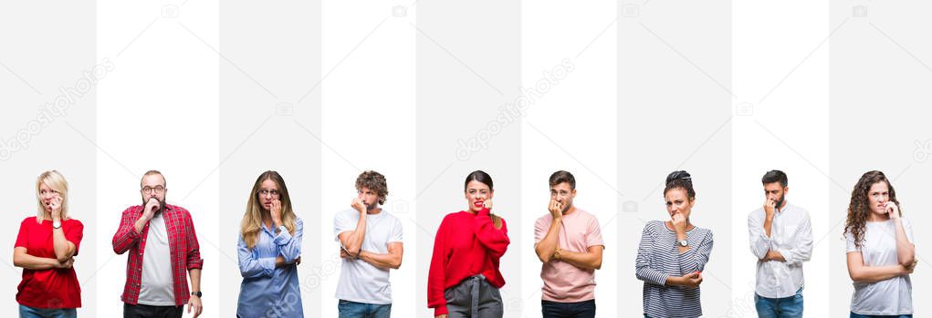 Collage of different ethnics young people over white stripes isolated background looking stressed and nervous with hands on mouth biting nails. Anxiety problem.
