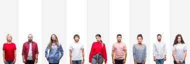 Farklı etnik genç insanlar üzerinde beyaz çizgili izole arka plan gevşek yüzünde ciddi bir ifade ile kolaj. Basit ve doğal kameraya bakıyor.