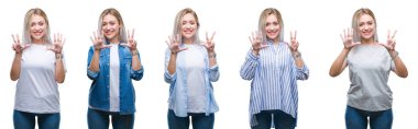 Kolaj üzerinde gösterilen ve parmakları ile işaret izole arka plan güzel sarışın genç kadının kendinden emin ve mutlu gülümseyerek süre sekiz numara.