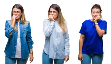 Kolaj stresli ve gergin elle çivi ısırma ağzına bakarak izole arka plan üzerinde gözlük takan genç güzel kadın. Anksiyete sorunu.