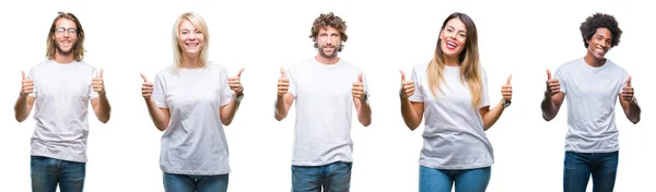 Collage Grupo Personas Que Usan Camiseta Blanca Casual Sobre Signo — Foto de Stock