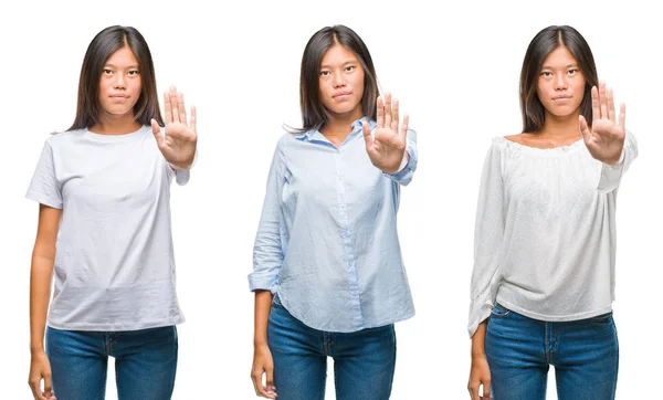 Colagem Asiático Jovem Mulher Sobre Branco Isolado Fundo Fazendo Parar — Fotografia de Stock