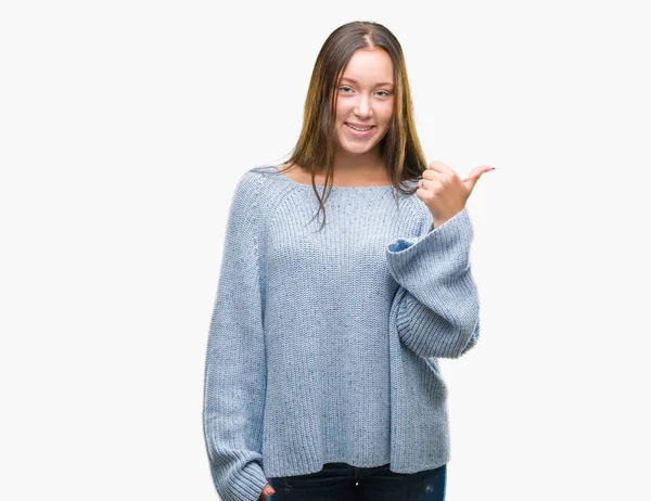 Young Beautiful Caucasian Woman Wearing Winter Sweater Isolated Background Smiling — Stock Photo, Image