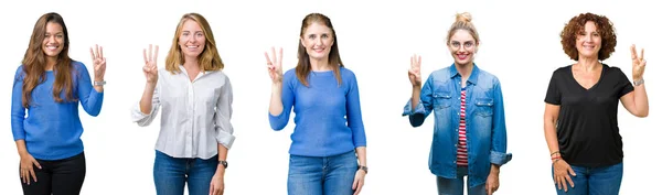 Collage Group Beautiful Women White Isolated Background Showing Pointing Fingers — Stock Photo, Image