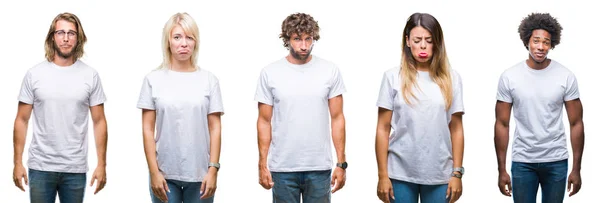 Collage Group People Wearing Casual White Shirt Isolated Background Depressed — Stock Photo, Image
