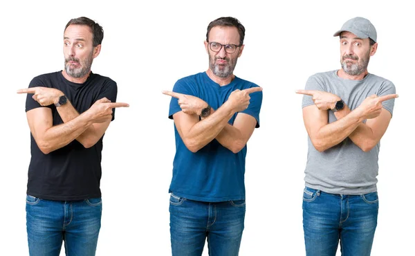 Colagem Homem Sênior Bonito Sobre Fundo Isolado Branco Apontando Para — Fotografia de Stock