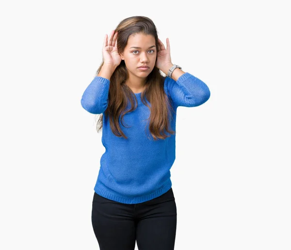 Junge Schöne Brünette Frau Blauem Pullover Über Isoliertem Hintergrund Versucht — Stockfoto