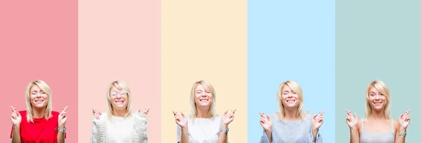 Collage Vacker Blond Kvinna Över Färgglada Ränder Isolerade Bakgrund Leende — Stockfoto