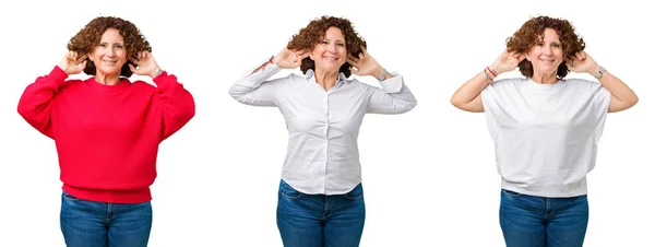 Collage Mezza Età Donna Anziana Sfondo Bianco Isolato Sorridente Tirando — Foto Stock