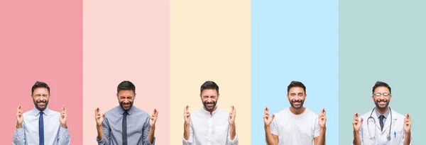 Collage Handsome Man Colorful Stripes Isolated Background Smiling Crossing Fingers — Stock Photo, Image