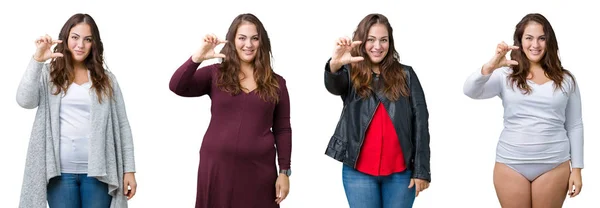 Colagem Mulher Bonita Size Sobre Fundo Isolado Sorrindo Gestos Confiantes — Fotografia de Stock