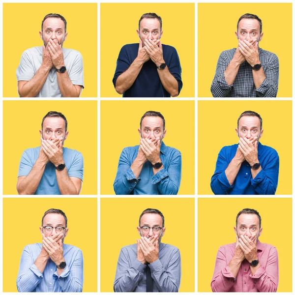 Collage Senior Hoary Elegant Man Yellow Isolated Background Shocked Covering — Stock Photo, Image