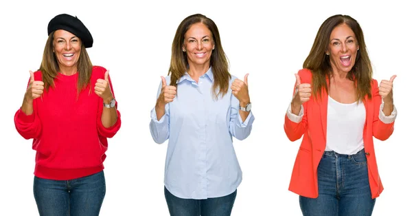 美丽的中年妇女拼贴过白色孤立背景的成功标志 用手做积极的手势 竖起大拇指微笑和快乐 带着欢快的表情 获胜者的手势看着镜头 — 图库照片
