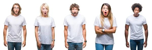 Koláž Skupiny Lidí Nosí Ležérní Bílé Tričko Izolované Pozadí Strach — Stock fotografie