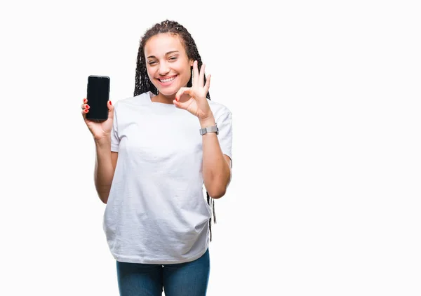 Fiatal Fonott Haj Afro Amerikai Lány Találat Képernyő Smartphone Mint — Stock Fotó