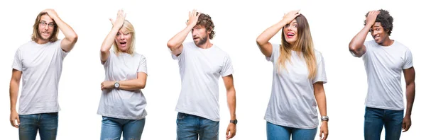 Collage Gruppen Människor Bär Casual Vit Shirt Över Isolerade Bakgrund — Stockfoto