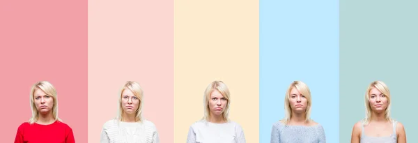 Kolaż Piękne Blond Kobieta Przez Kolorowe Paski Białym Tle Sceptykiem — Zdjęcie stockowe