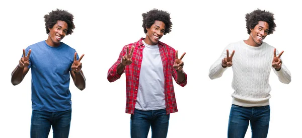 Colagem Afro Americano Jovem Bonito Sobre Fundo Isolado Sorrindo Olhando — Fotografia de Stock