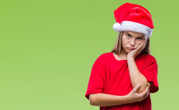 年轻美丽的女孩戴着圣诞节帽子在孤立的背景思考看累了 无聊与交叉胳膊抑郁症问题 — 图库照片
