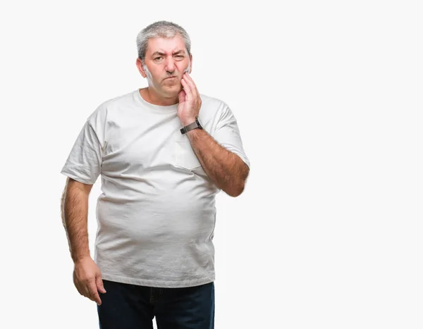 Stilig Senior Man Över Isolerade Bakgrund Att Röra Munnen Med — Stockfoto