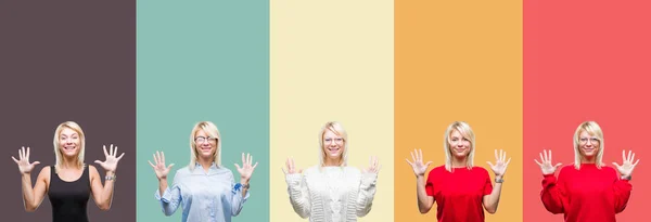 Collage Van Mooie Blonde Vrouw Vintage Geïsoleerde Achtergrond Weergeven Met — Stockfoto