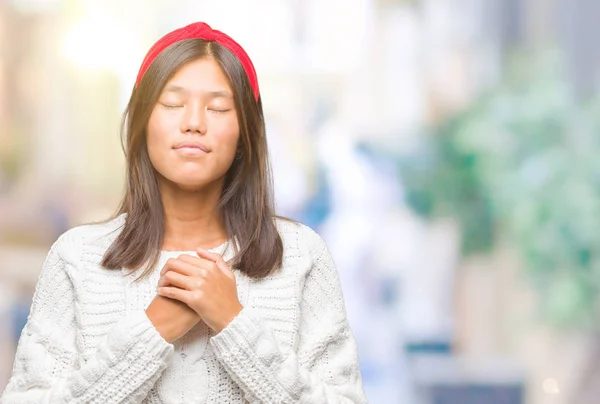 Young Asian Woman Wearing Winter Sweater Isolated Background Smiling Hands — Stock Photo, Image