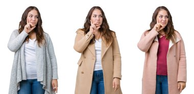 Kolaj güzel bir artı boyutu kadın giyiyor kış ceket ile izole arka plan üzerinde çene düşünme hakkında soru, dalgın ifade ver. Düşünceli yüzüyle gülümsüyor. Şüphe kavramı.