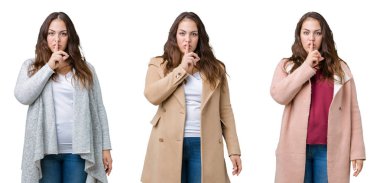 Kolaj dudaklarında parmak ile sessiz olmanı izole arka plan üzerinde kış ceket giyen boyutu kadın artı güzel bir. Sessizlik ve gizli kavramı.