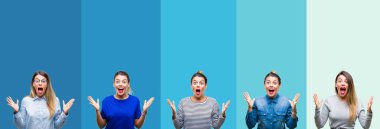 Mavi çizgili genç güzel kadın kolaj deli kutluyor arka plan izole ve silah ile başarı için yükseltilmiş ve açık gözleri heyecanlı çığlık hayrete düşürdü. Kazanan kavramı