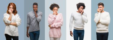 Kolaj grup stresli ve gergin elle çivi ısırma ağzına bakarak antika arka plan üzerinde kış kazak giyen Afro-Amerikan ve İspanyol insan. Anksiyete sorunu.