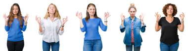 Kolaj bir grup beyaz izole arka plan üzerinde güzel kadınların rahatla ve gülümseyen gözlerle kapalı parmak jestle meditasyon yapıyor. Yoga kavramı.