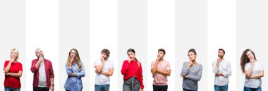 Kolaj farklı etnik genç insanlar üzerinde beyaz çizgili bir arka plan ile el çene düşünme hakkında soru, dalgın ifade izole. Düşünceli yüzüyle gülümsüyor. Şüphe kavramı.