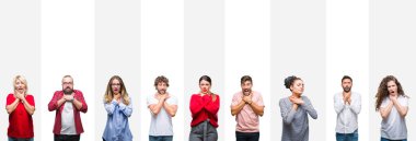 Genç insanlar izole beyaz şeritler üzerinde arka plan bağırarak ve çünkü boğmak farklı etnik kolaj acı kendi ellerimle öldürürüm. Sağlık sorunu. Yaralarından ve intihar kavramı.