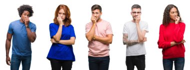 Afro-Amerikan, İspanyol ve beyaz grup stresli ve gergin elle çivi ısırma ağzına bakarak izole beyaz arka plan üzerinde insan bileşimi. Anksiyete sorunu.