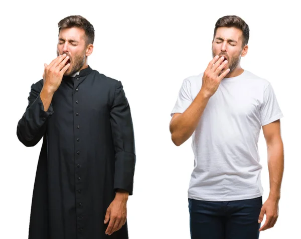 Collage Bel Giovane Uomo Sacerdote Cattolico Sfondo Isolato Annoiato Sbadigliando — Foto Stock