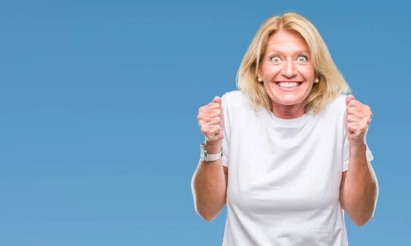 Middle Age Blonde Woman Isolated Background Excited Success Arms Raised — Stock Photo, Image