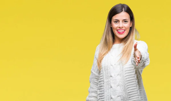 Mujer Hermosa Joven Suéter Blanco Casual Sobre Fondo Aislado Sonriendo — Foto de Stock