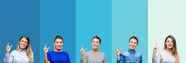 Collage Von Jungen Schönen Frau Über Blauen Streifen Isoliert Hintergrund — Stockfoto