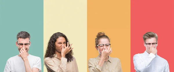 Collage Van Een Groep Mensen Geïsoleerd Kleurrijke Achtergrond Iets Stinkende — Stockfoto