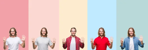 Collage Giovane Bell Uomo Strisce Colorate Sfondo Isolato Mostrando Indicando — Foto Stock