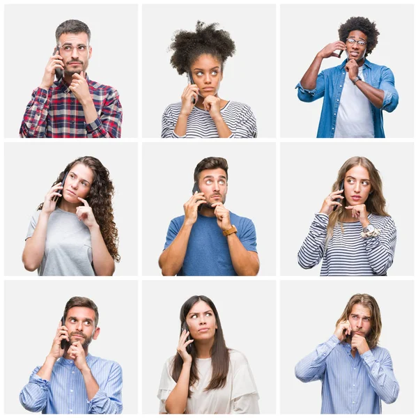 Collage Van Groep Jongeren Bellen Smartphone Geïsoleerde Achtergrond Ernstige Gezicht — Stockfoto