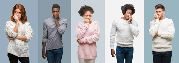 Collage Grupo Personas Afroamericanas Hispanas Que Usan Suéter Invierno Sobre —  Fotos de Stock