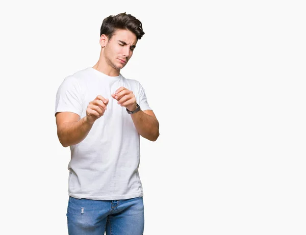 Jeune Homme Beau Portant Shirt Blanc Sur Fond Isolé Expression — Photo