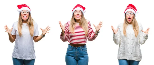Collage Einer Jungen Schönen Frau Mit Weihnachtsmütze Vor Isoliertem Hintergrund — Stockfoto