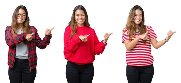 Colagem Bela Jovem Sobre Fundo Isolado Apontando Para Trás Com — Fotografia de Stock