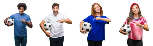 Collage People Holding Football Soccer Ball Isolated Background Very Happy — Stock Photo, Image