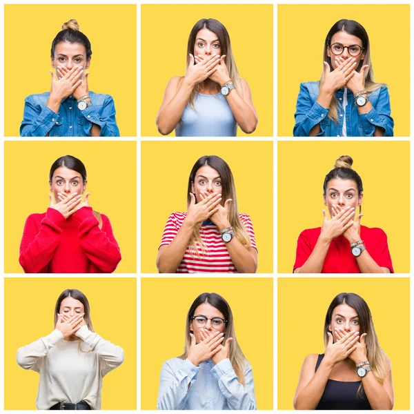 Collage Van Jonge Mooie Vrouw Gele Geïsoleerde Achtergrond Geschokt Mond — Stockfoto