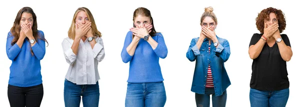 Collage Grupo Mujeres Hermosas Sobre Fondo Blanco Aislado Impactó Cubriendo — Foto de Stock