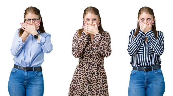 Collage Hermosa Mujer Mediana Edad Sobre Fondo Aislado Impactó Cubriendo —  Fotos de Stock